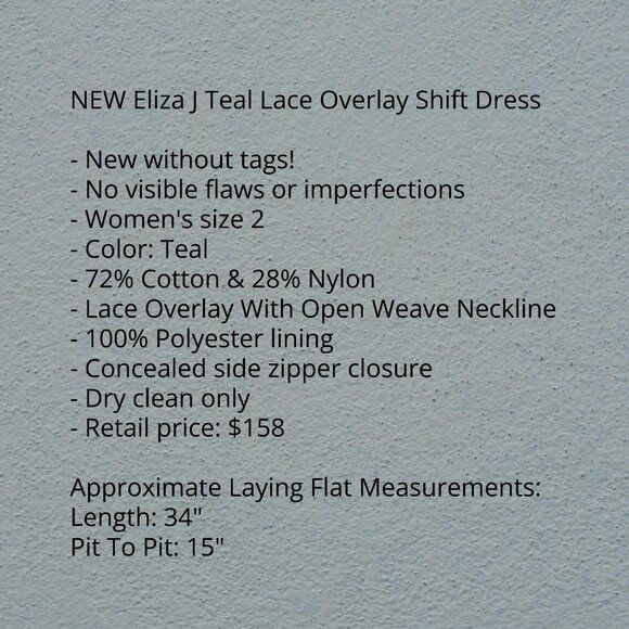 Eliza J Size 2 Teal Lace Overlay Shift Dress - Picture 6 of 9